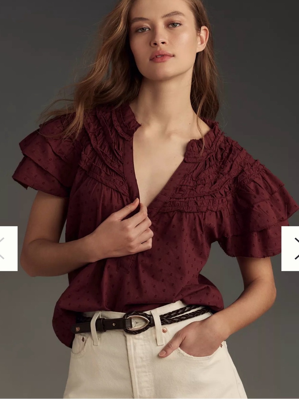 By Anthropologie Layered Sleeve Henley Top Medium Maroon Ruffle Blouse Boho Dot